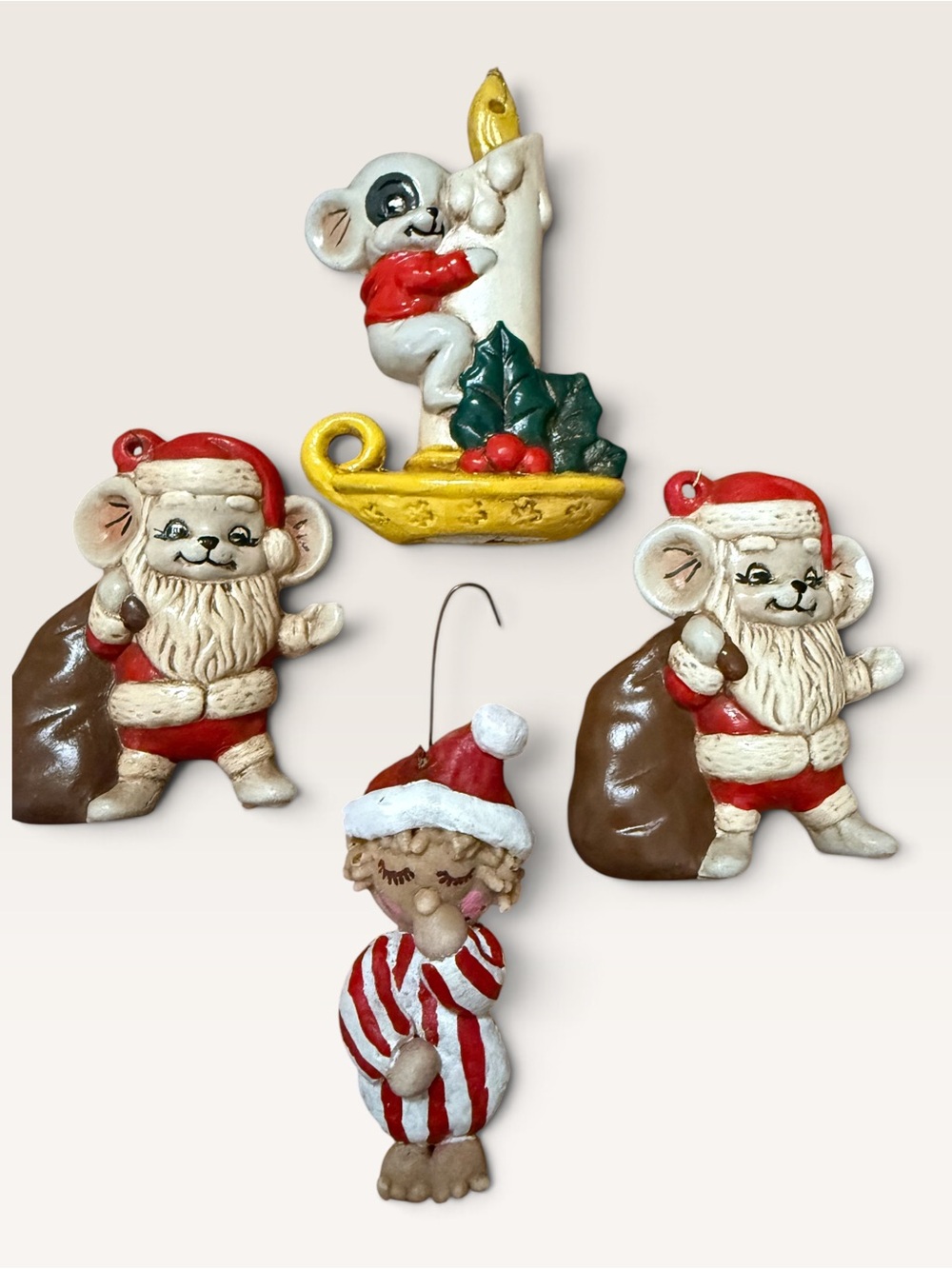 Vintage Christmas Ornament Lot - 3 Ceramic Alberta Mice & 1 Salt Dough Child